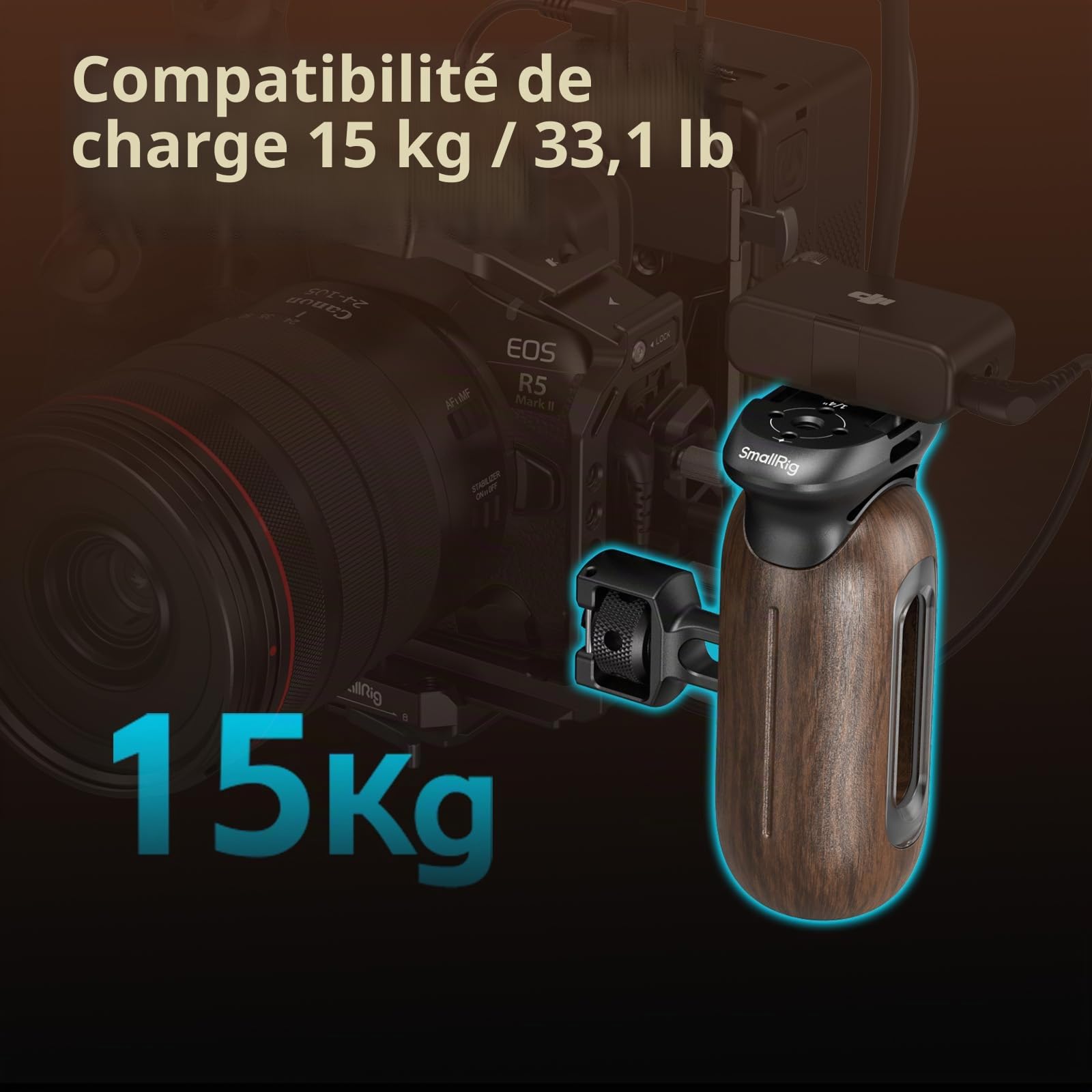 SMALLRIG Poignée Latérale en Bois pour Cages d'Appareil Photo avec Vis de Positionnement 2 en 1, Poignée Ergonomique Côté Gauche ou Droit, Réglage Vertical de 29 mm, Capacité de Charge de 15 kg - 5238