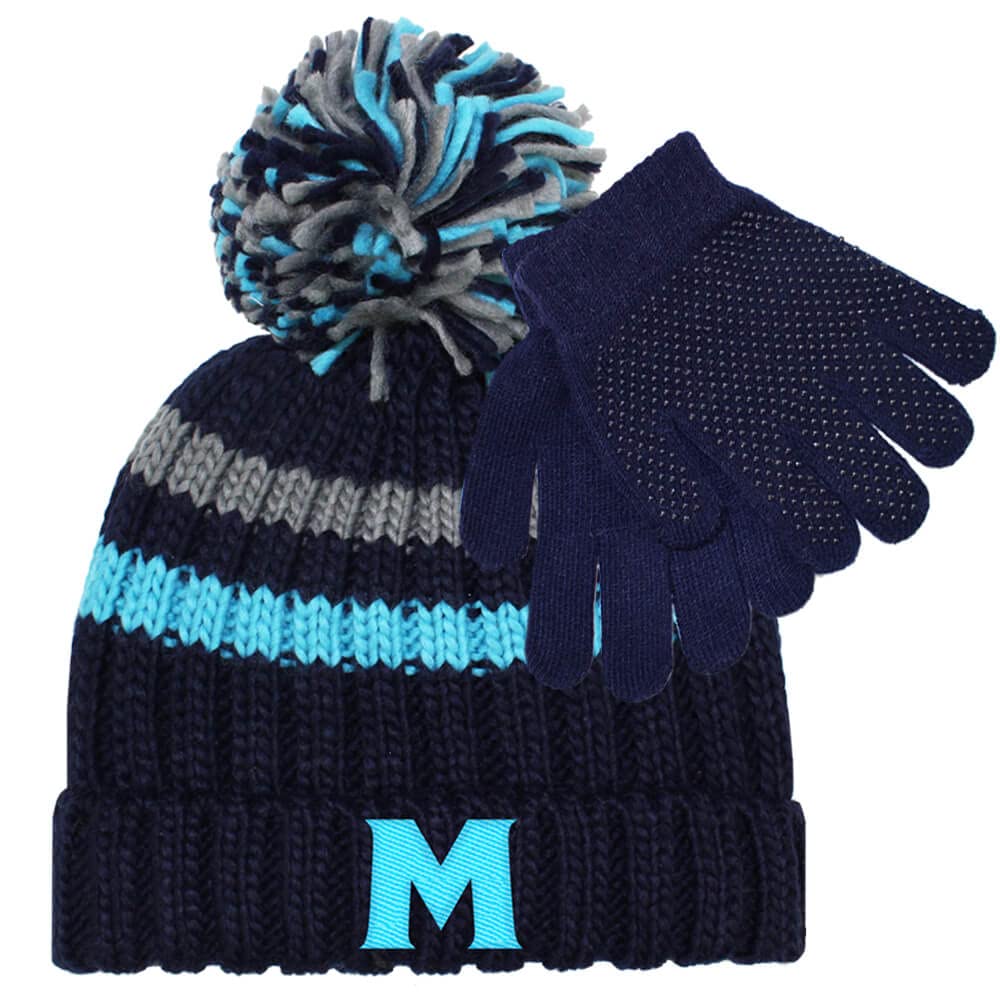 TeddyT's Personalised Initial Boys Striped Chunky Knitted Bobble Hat and Gloves (2-6 Years) (Navy & Turquoise)