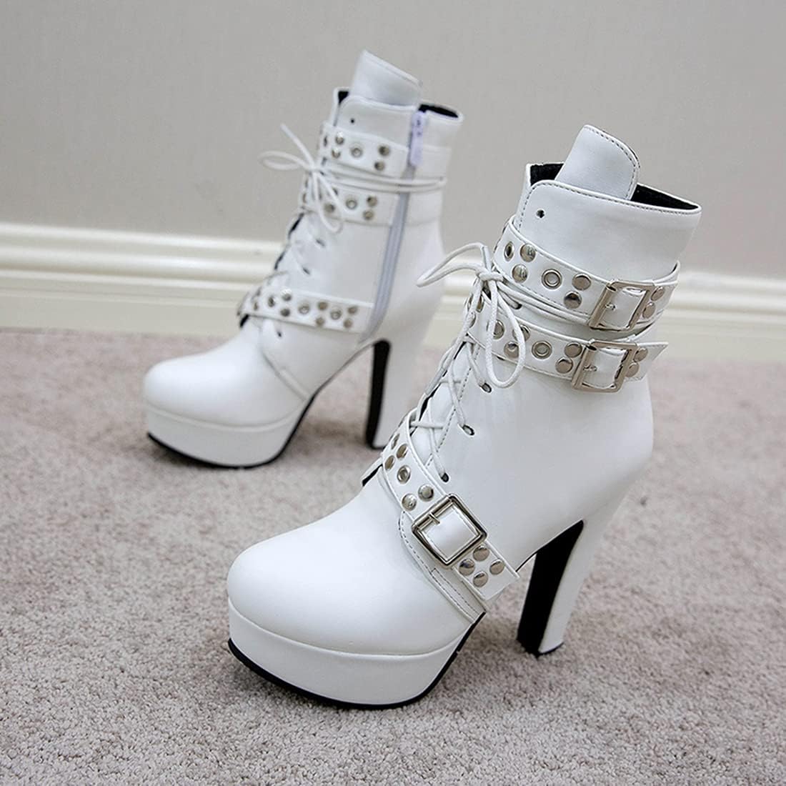 VOKLIN Women's Round Toe Platform High Heel Ankle Boots Fashion Buckle Lace Up Zipper Dressy Short Booties