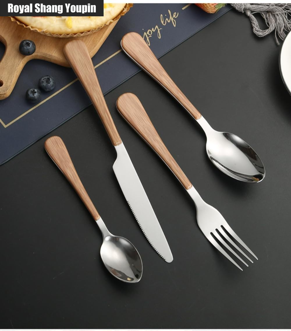 Manico Piatto in Legno Cucina Acciaio Inossidabile Posate Stoviglie Posate Coltelli Forchette Cucchiai Set, Hotel Home Coltello Da Bistecca Cucchiaio Da Dessert (Argento,16 pezzi)