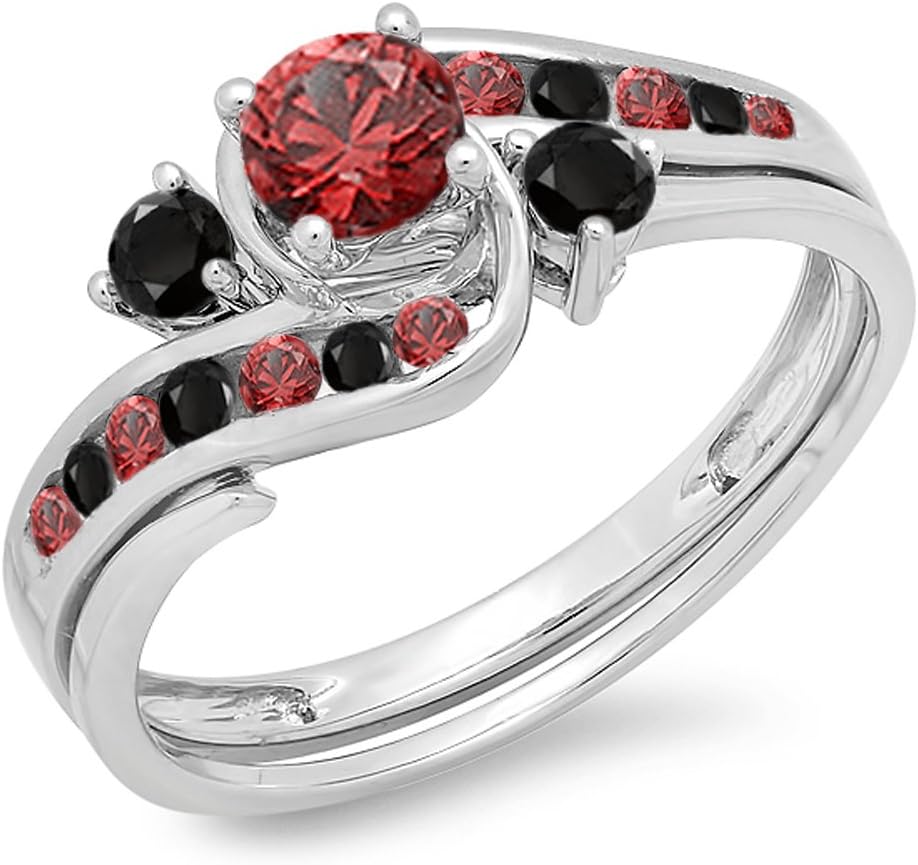 Dazzlingrock Collection 18K Solid Gold Round Ruby & Black Diamond Womens Swirl Bridal Engagement Ring Matching Band Set