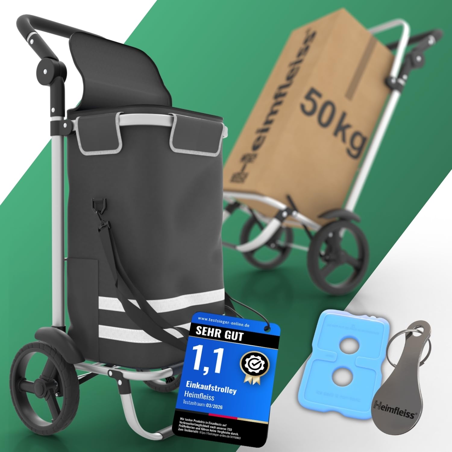 Heimfleiss® Trolley Einkaufstrolley mit 56L Volumen | Einkaufswagen klappbar mit 50kg Traglast | Leichte Einkaufstasche mit Rollen | Hackenporsche Shopping Trolley Groß mit Kühlfach