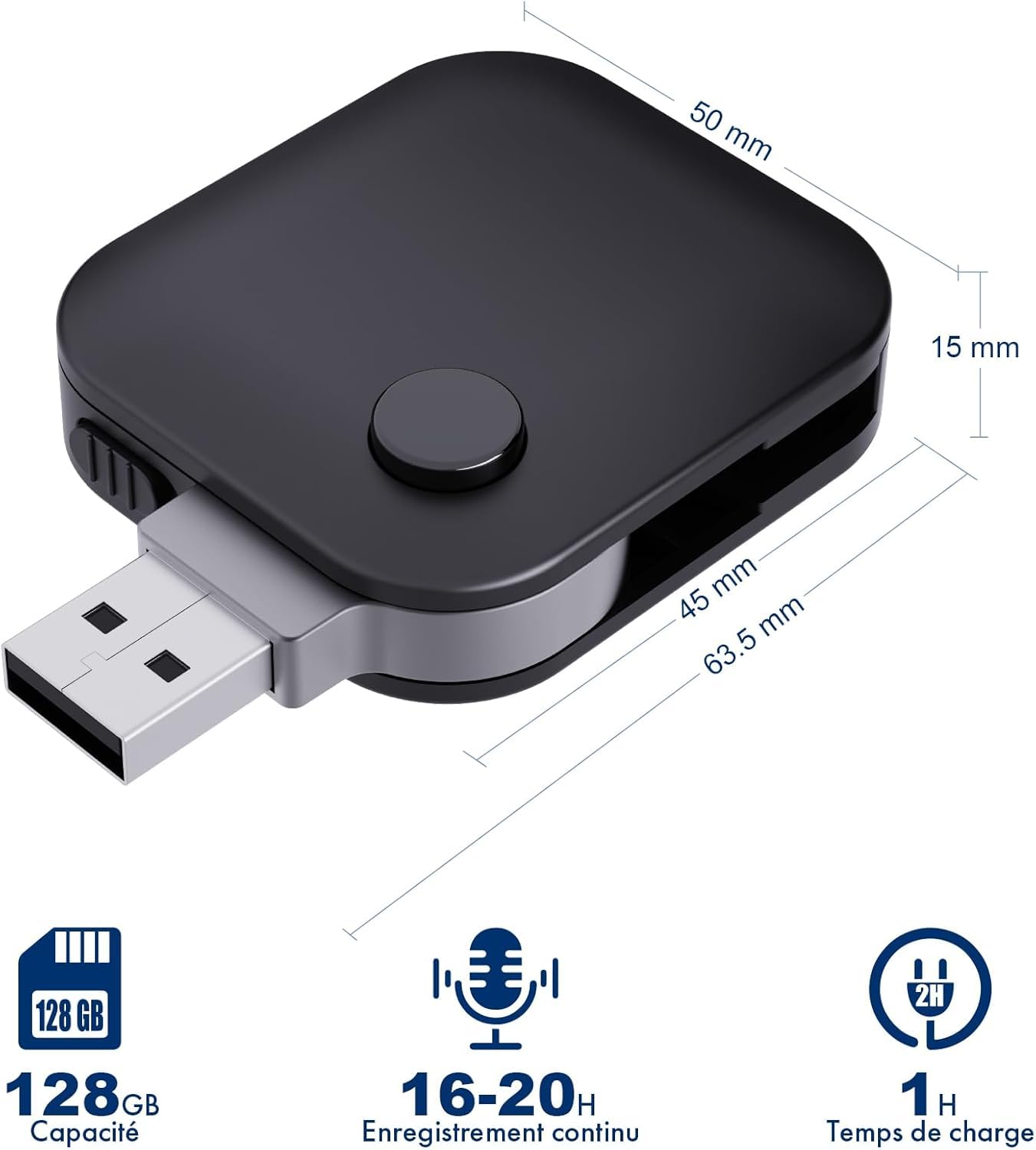 Enregistreur Vocal numérique de 128 Go - Enregistreur Audio Portable avec Effacement du Bruit, Activation vocale, Enregistrement Ultra Net, Lecture intégrée et Rechargeable Via USB, idéal