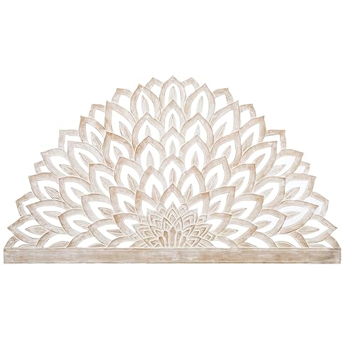 Handmade Carved Half Round White Wash Lotus Flower Bed Headboard