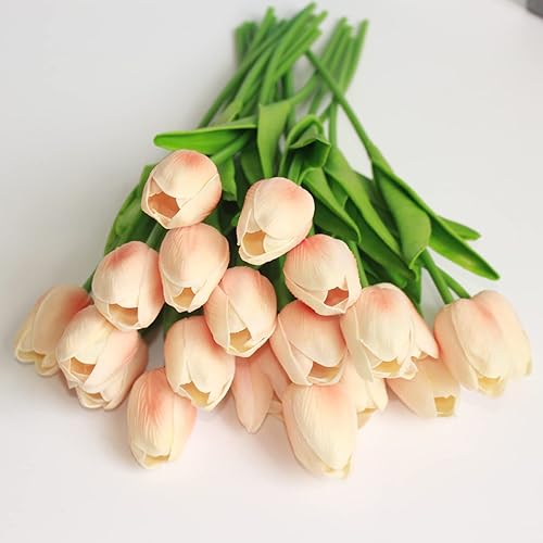 Miniatura 3 de BOSHENG 20 flores artificiales de seda de tulipanes de 13 pulgadas para tulipanes artificiales de tacto real, ramo de arreglos florales falsos para