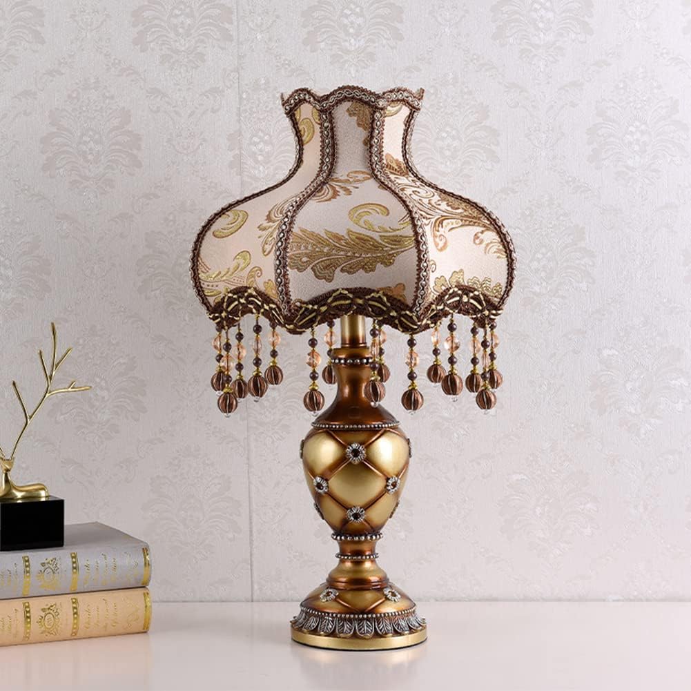Antique Victorian Table Lamp Beaded Fringe Lamp Beige Fabric Lampshade European Nightstand Lamp Flower Floral 1 Head Table Light with Lace