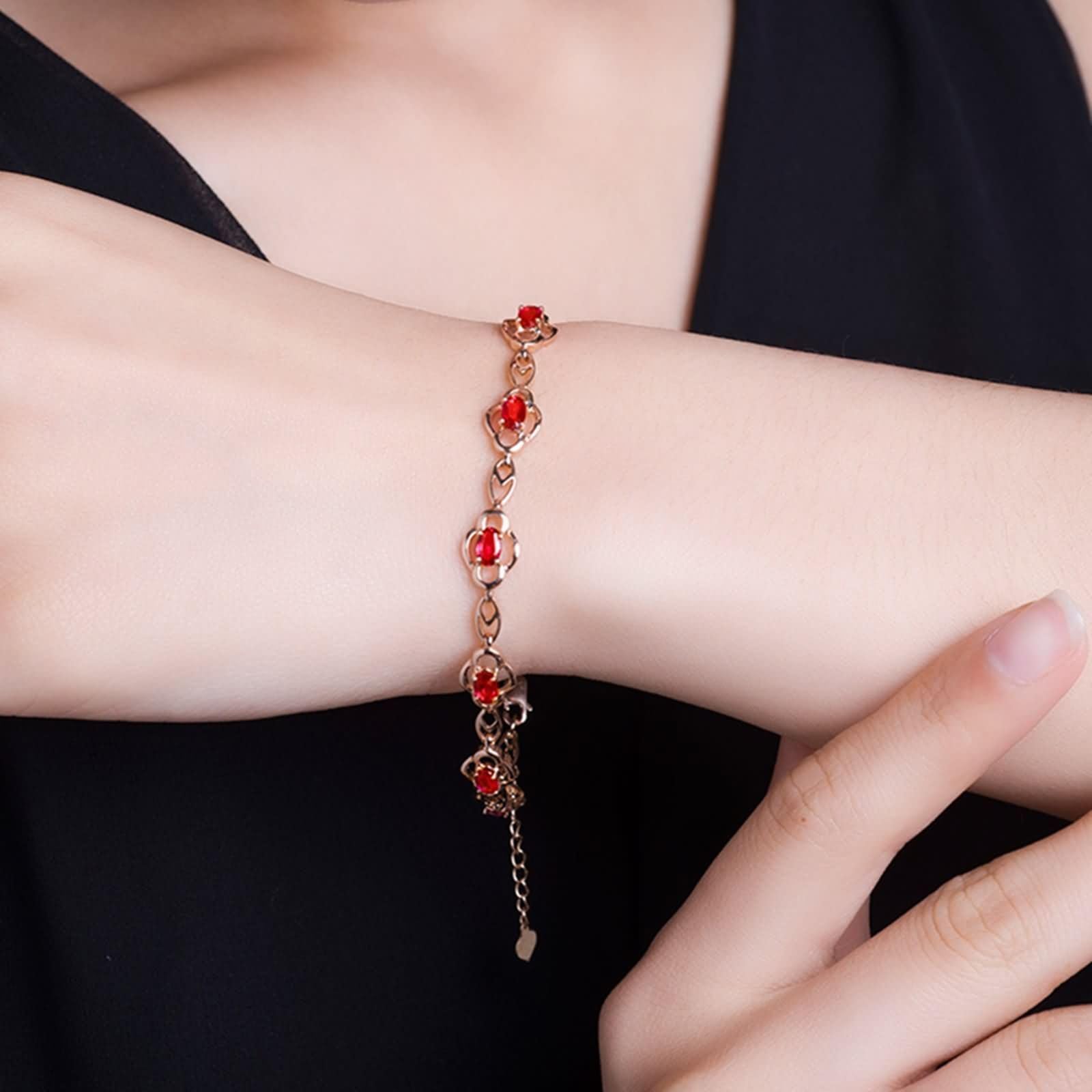 Pulseras de Mujer de Oro Rosa de 9 Kilates / 14 Kilates / 18 Kilates, Hueco y Oval con Rubí y Diamante, Cadena Extensible 16 CM + 5 CM, Pulseras de Mujer Ajustable de Oro Rosa