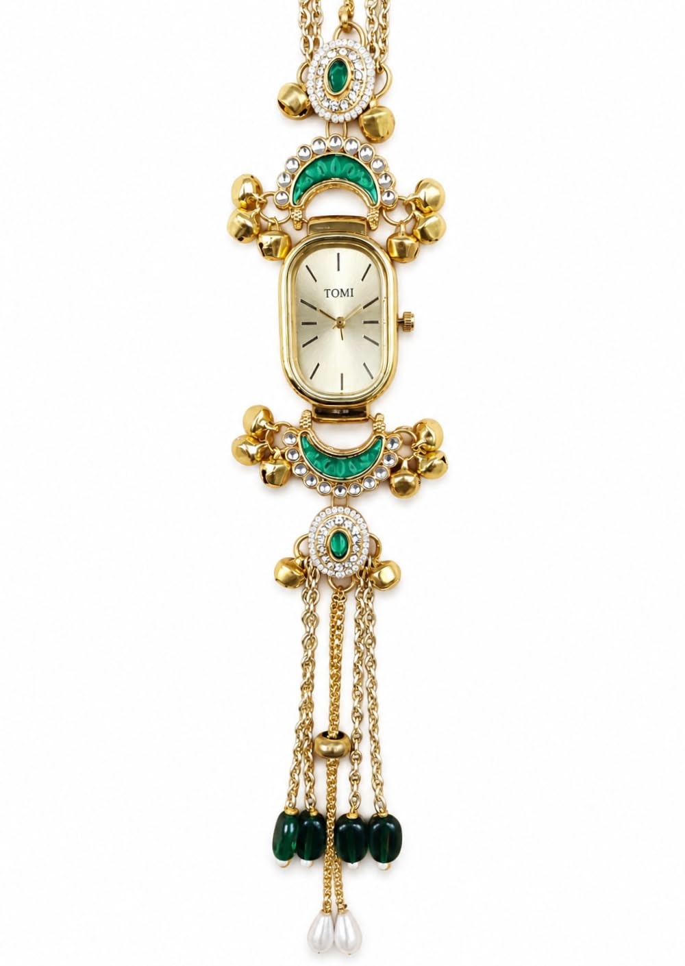 Traditional Handmade Kashmiri Bracelet Watch for Women & Girls | Ethnic Designer Watch with Green Beads & Pearl Tassel | Traditional Ethnic Wristwatch with Adjustable Chain & Pearl Accents | Wedding, Festive Jewellery-picture-41