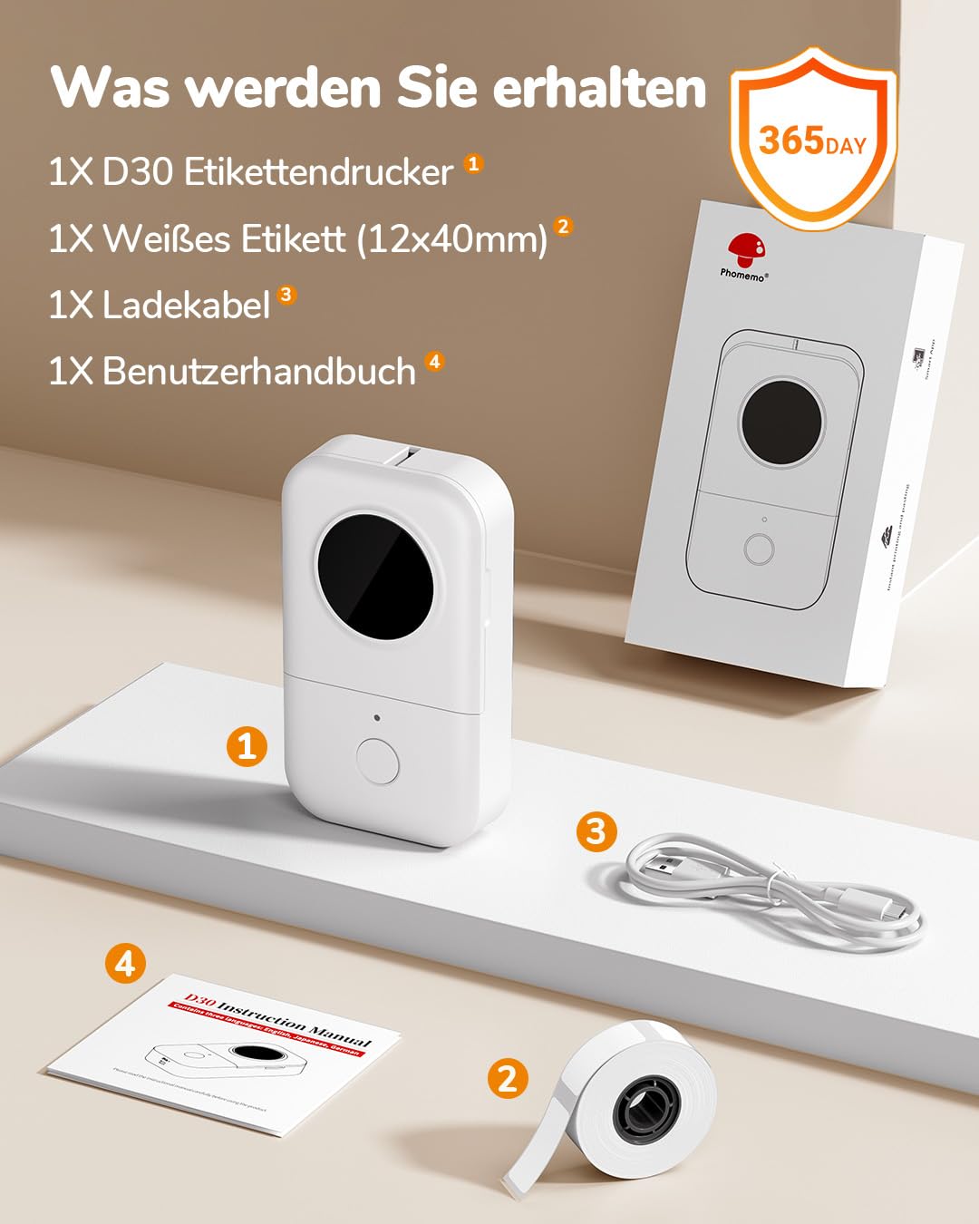 Phomemo D30 Miniurządzenie do drukowania samoprzylepnych etykiet, Bluetooth, drukarka etykiet, odpowiednia do domu, szkoły, biura, drukarka etykiet do smartfonów i tabletów - biała
