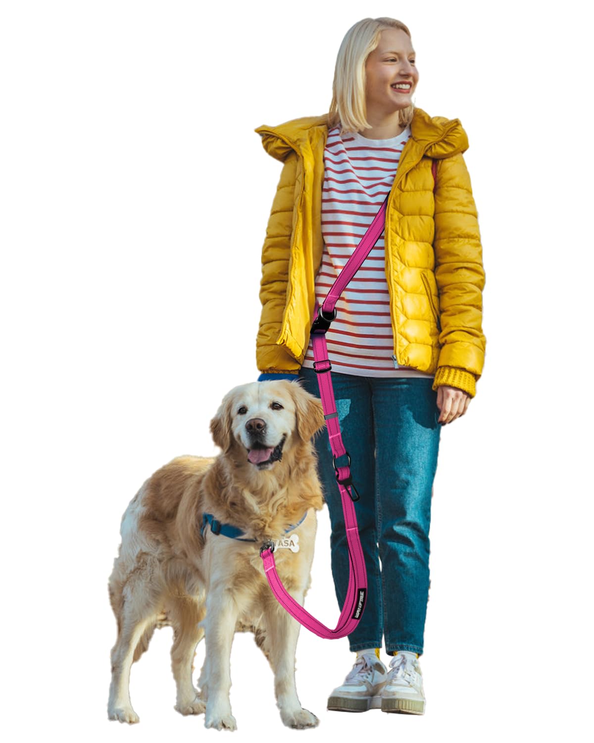 Arnés para caminar con manos libres para perros, correa multifuncional reforzada de 2,9 m, ajustable, hebilla de seguridad para coche, para perros medianos y grandes, senderismo, correr, color fucsia