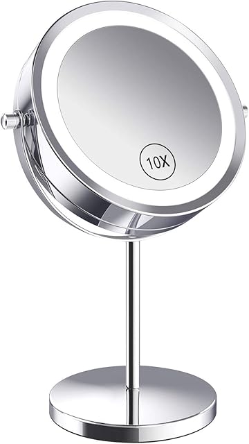 Benbilry Lighted Makeup mirror - LED Double Sided 1x/10x Magnification Cosmetic Mirror,7 Inch Battery-Powered 360 Degree Rotation Vanity Mirror with On/Off Push-Button (10x Button Switch Mirror)