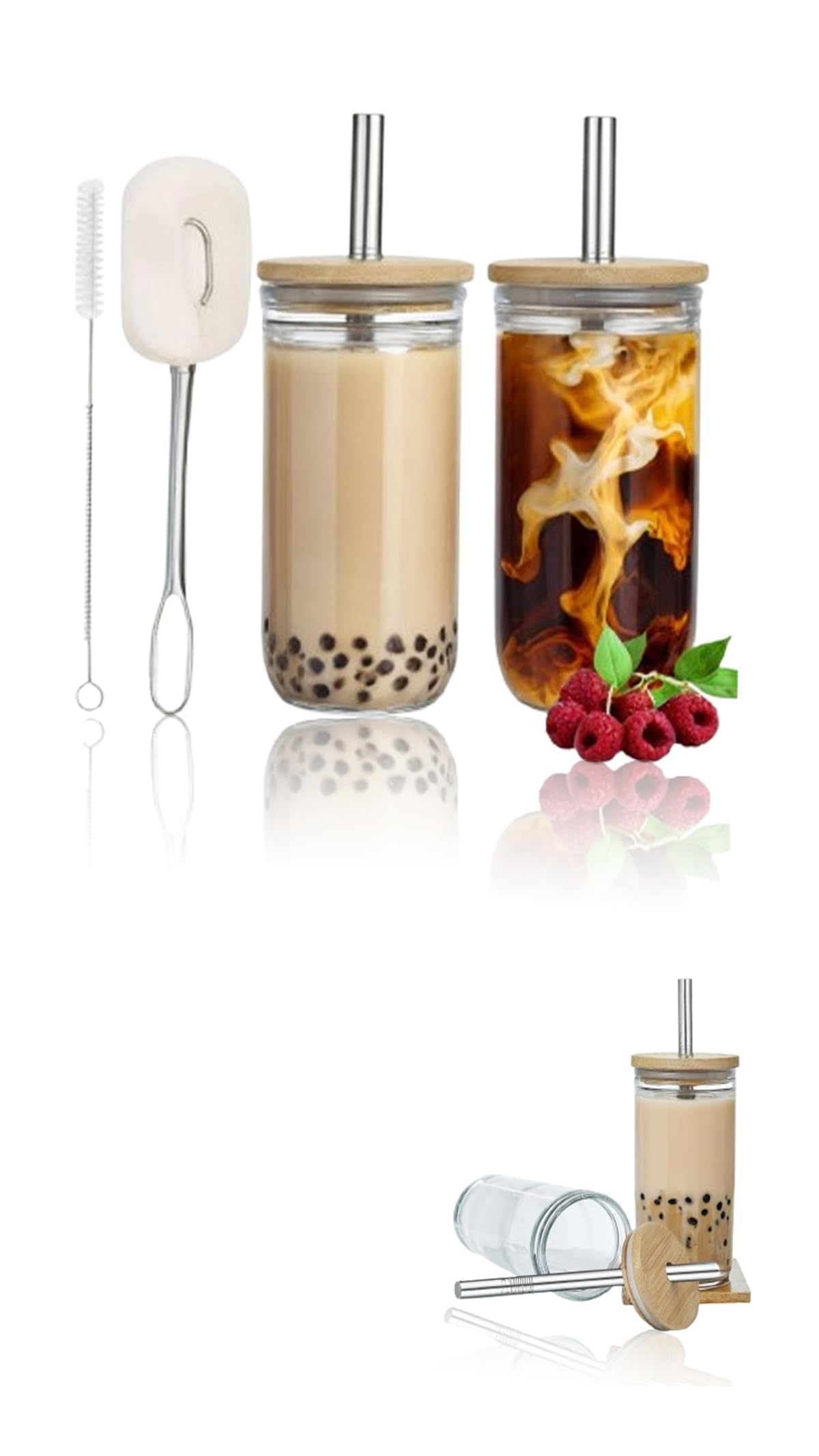 2-Pack 24 oz Reusable Boba Cups with Wood Lids and Straws - Wide Mouth Jar Smoothie Cups for Bubble Tea and Iced Coffee