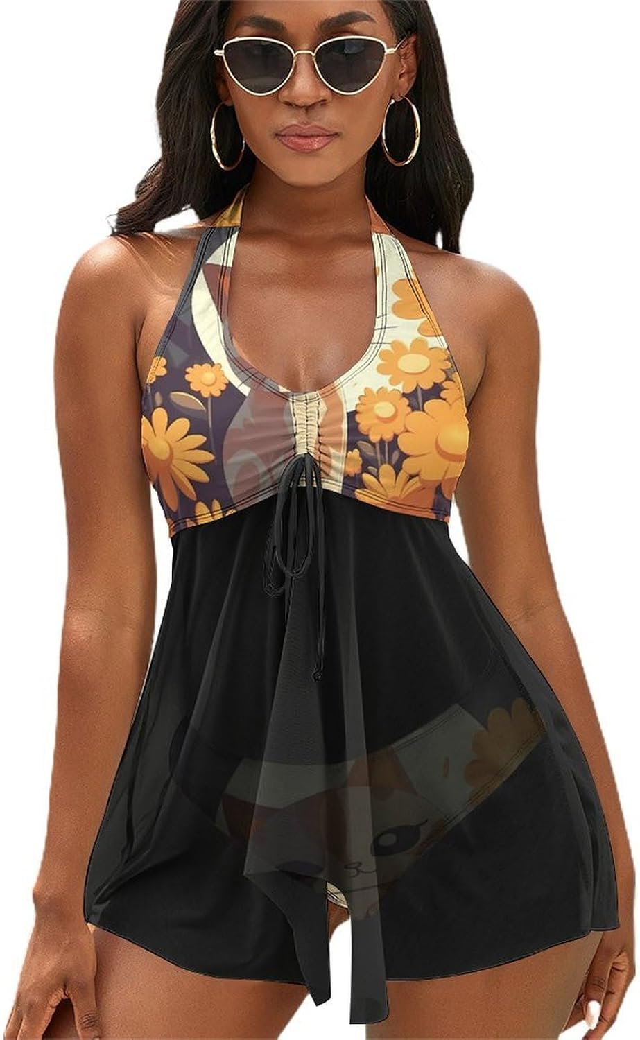 Cat and Flower Tankini Swimsuits for Women Two Piece Bathing Suits 2024 Summer Beach Swimwear Swim Tank Top