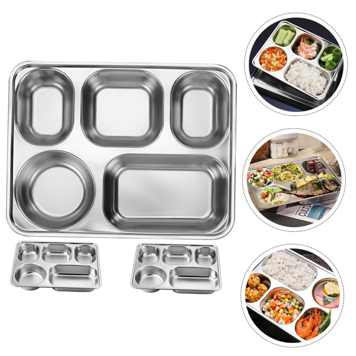 Assiettes Divisées Rectangulaires 3 Pièces en Acier Inoxydable Argenté