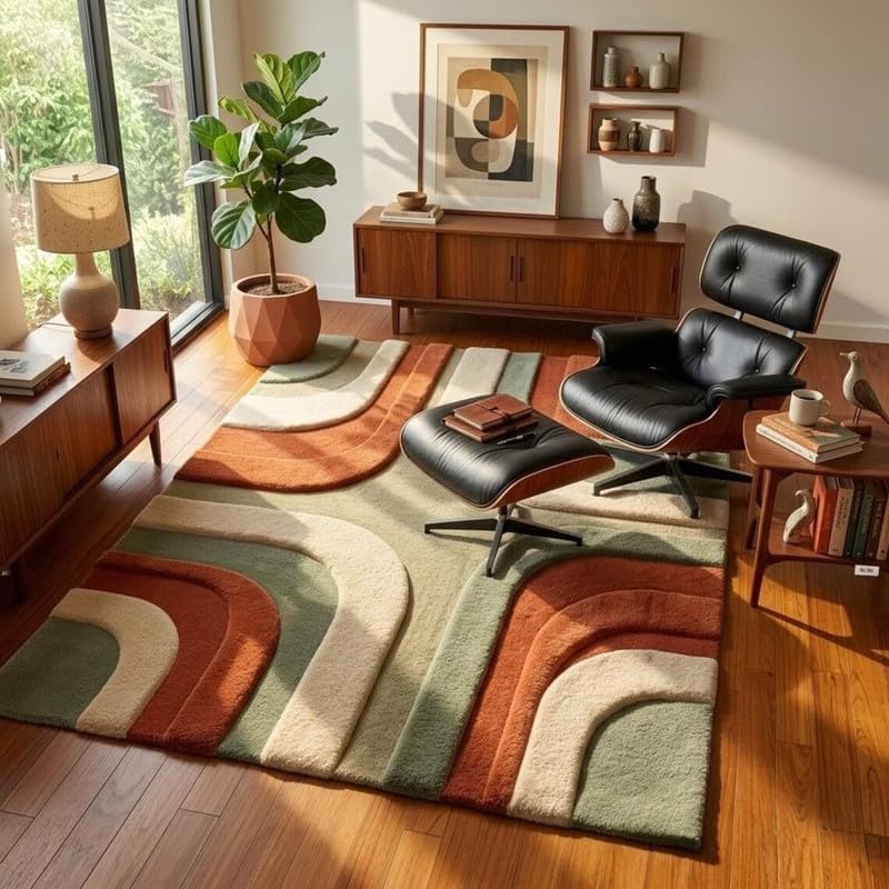 Hand Tufted Wool Area Rug 10x14 Ft (120x168 Inch) Modern Abstract Green Rust Beige Carpet for Living Room Bedroom Soft Thick Handmade Luxury Designer Rug