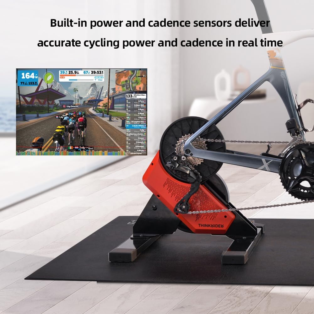 ThinkRider X2 connected to a bicycle with Zwift screen showing power and cadence data