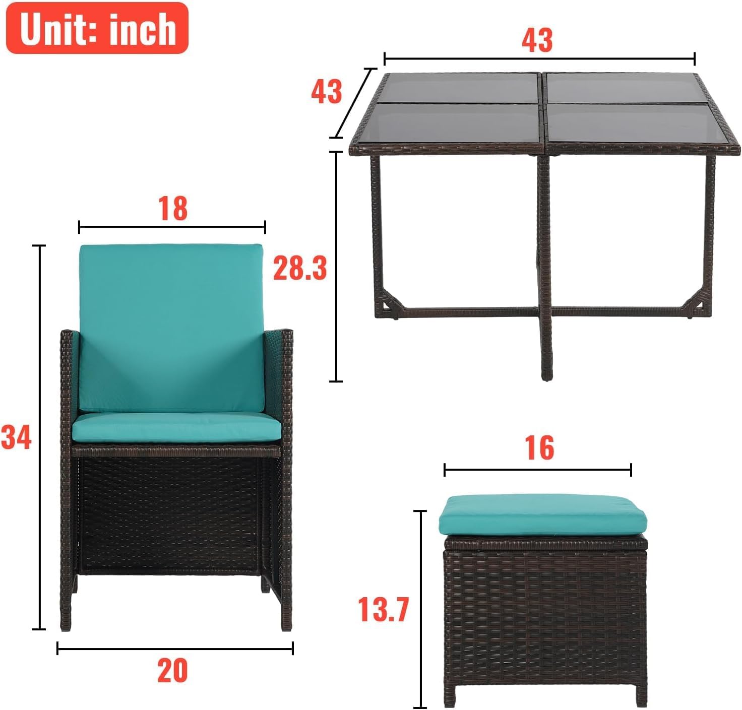 9 Pieces Outdoor Dining Set Patio Table and Chairs Set Space Saving Outdoor Dining Table Set Rattan Patio Furniture Set with Dining Table 4 Chairs 4 Ottomans Cushion for Patio Backyard Poolside, Blue
