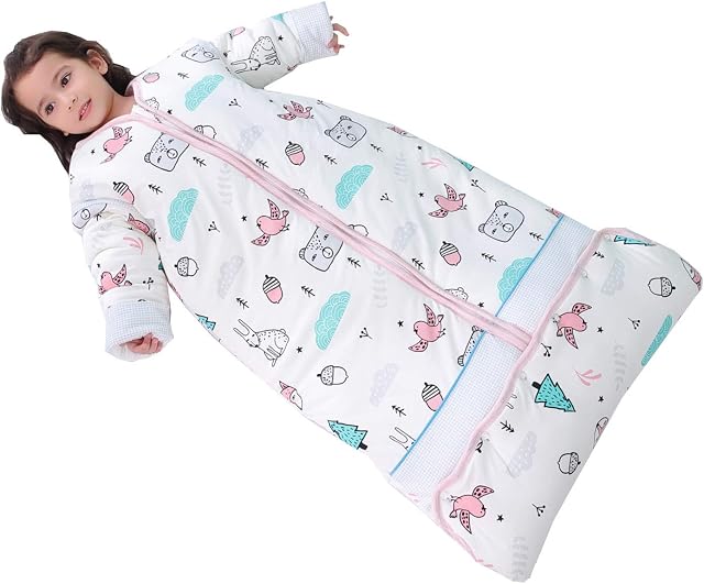 Chilsuessy Baby Sleeping Bag Winter Sleeping Sack Wearable Blanket for Infants 3.5 Tog with Adjustable Length and Removable Sleeves Toddler Sleeping Bag for Boys Girls, Pink Animal, 150cm/6-9 Years