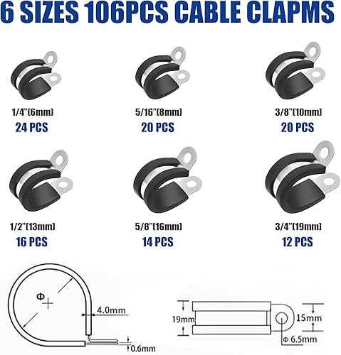 Miniatura 2 de Kit surtido de 106 abrazaderas de cable, (0.23 a 0.79 pulgadas) - Abrazadera de tubo aislada acolchada de acero inoxidable 304, abrazadera de bucle,