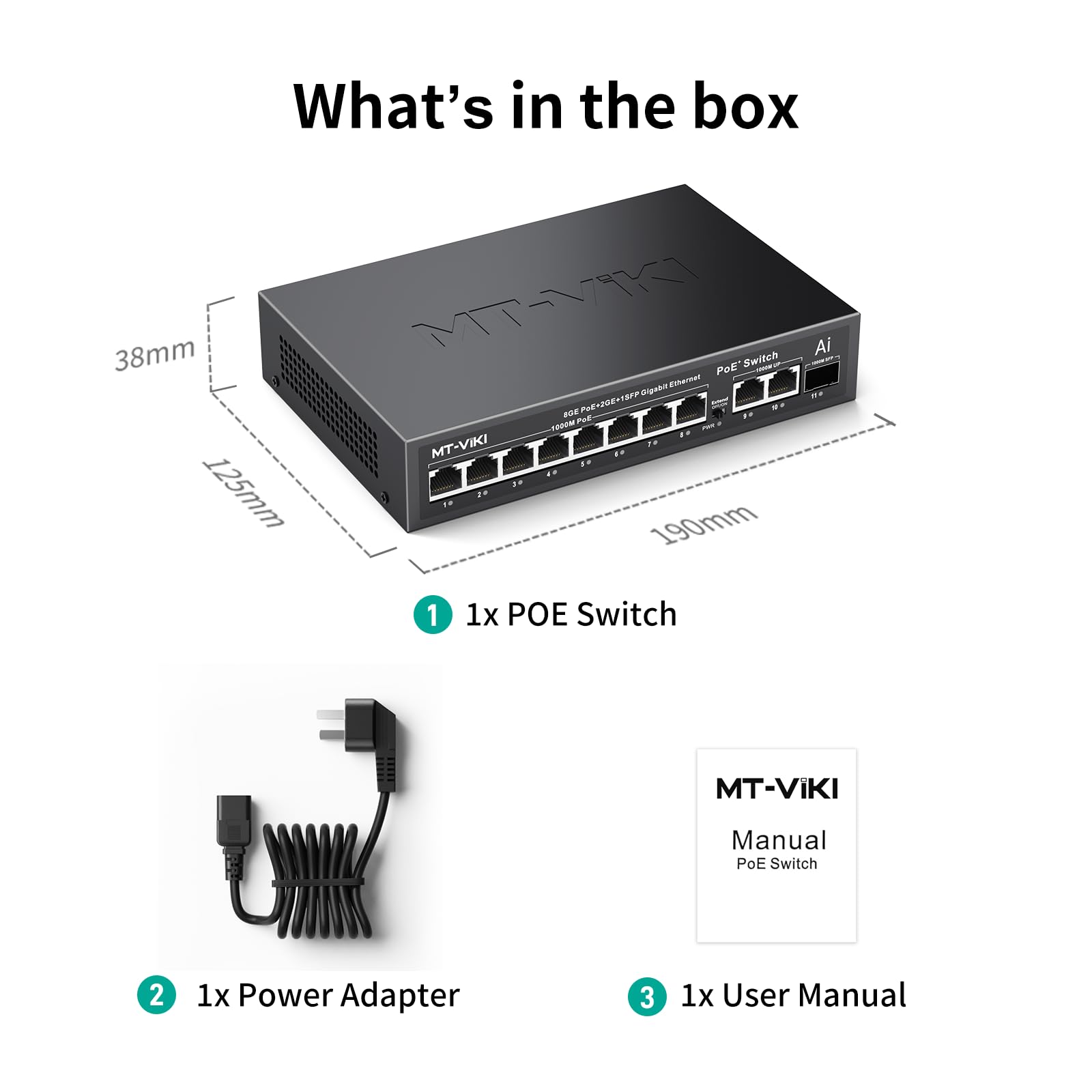 MT-VIKI 120W PoE Switch 8 Port & 2 Uplink-Ports & 1 SFP-Port, AI Watchdog, SFP VLAN, Stabiler Unmanaged LAN Switch Netzwerk Switch für Überwachung & WLAN AP