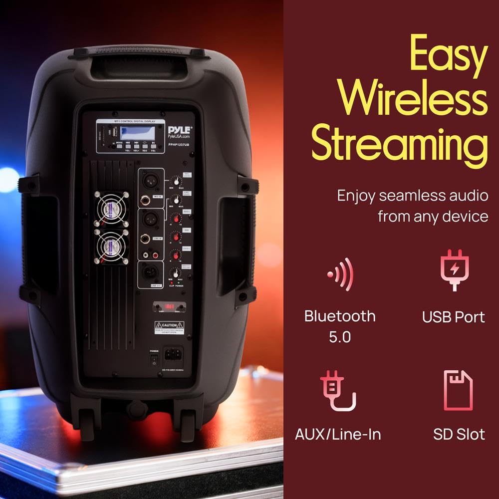 Pyle Aktywny Głośnik PA Bluetooth – 12-Calowy Głośnik Estradowy z Subwooferem, Przenośny Monitor DJ, Wzmacniacz Stereo z Wbudowanym USB do Odtwarzania MP3