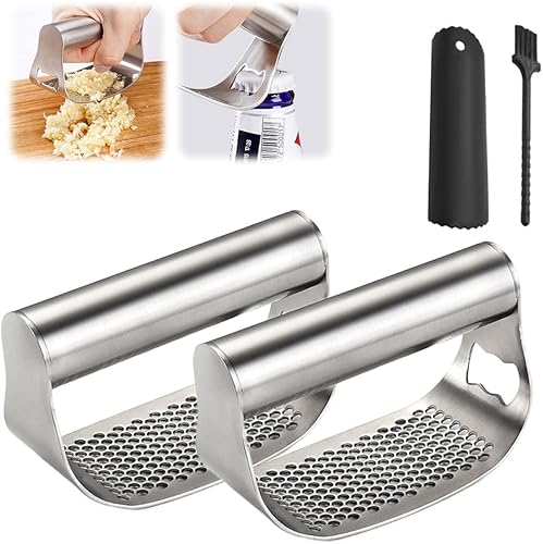 Miniatura 7 de Prensa de ajos, prensa de ajo, prensa de ajo de acero inoxidable 2024, trituradora con pelador y cepillo de limpieza, picadora de ajo multifuncional
