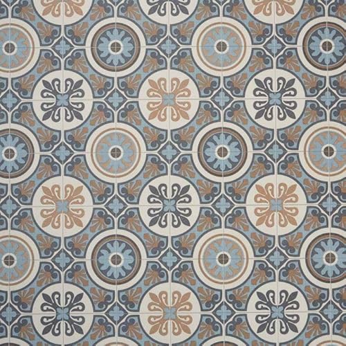 Moroccan Tile Design Cushion Vinyl Flooring Sheet Brown Grey & Blue Patterned Non Slip Lino Conservatory Kitchen Bathroom Floor (Tangier 05, 2m x 2m)