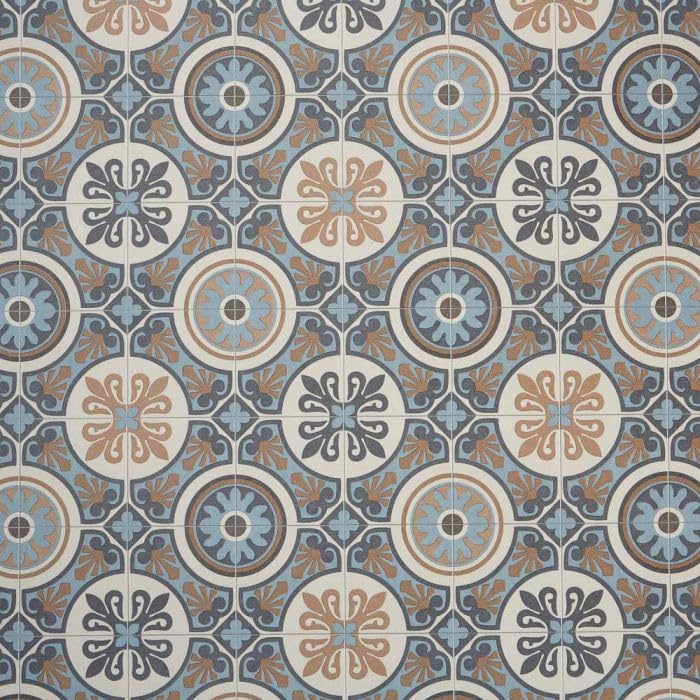 Moroccan Tile Design Cushion Vinyl Flooring Sheet Brown Grey & Blue Patterned Non Slip Lino Conservatory Kitchen Bathroom Floor (Tangier 05, 2m x 3m)