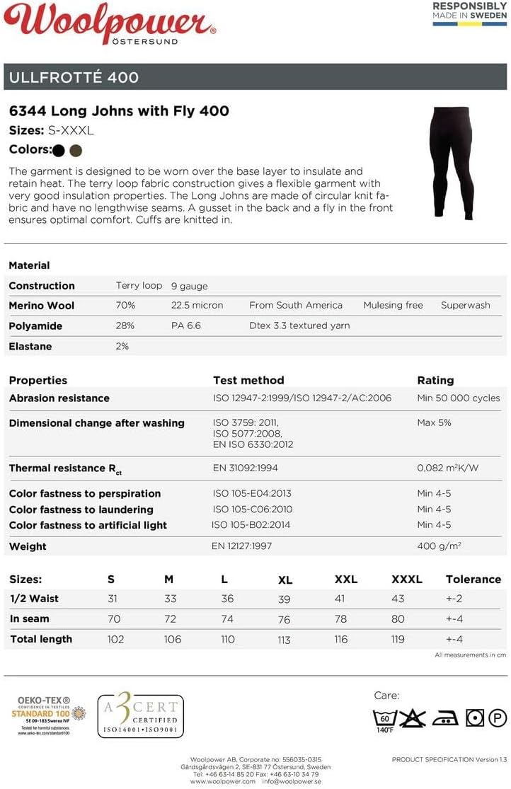 Woolpower Long Johns with Fly 400 Large Green