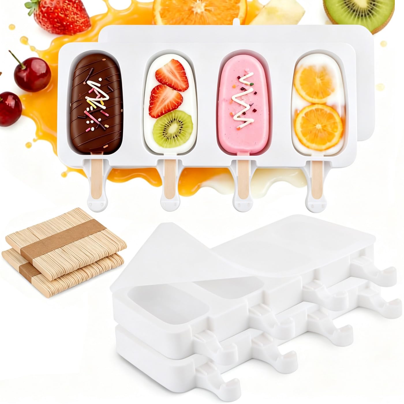 Aonveki Ice Lolly Moulds with Sticks, 8 Cavity Silicone Ice Cream Mould with 100 Sticks, BPA Free Cakesicle Moulds, Reusable Popsicle Mould for Kids DIY Dessert Chocolate