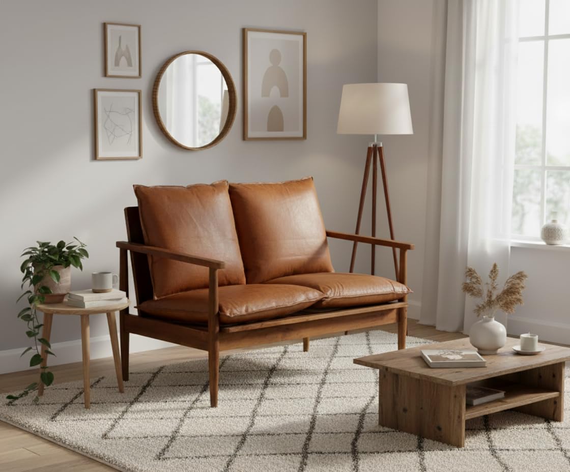 Modern Mid-Century Leather Loveseat, Brown Genuine Leather, Wooden Frame, 2-Seater Living Room Sofa || 116X69X74 cm-image-18