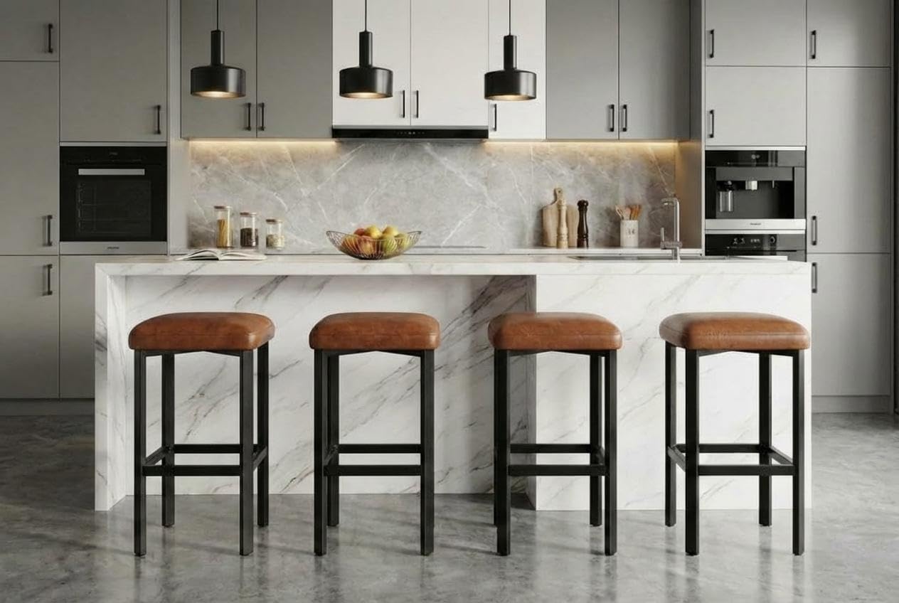 IDEALHOUSE 24 inches BarStools Set of 4, PU Leather Kitchen Chairs with 2" Thick Upholstery, Counter Height Bar Stools, Sturdy Metal Base, Easy Assembly, for Kitchen Island, Bar Counter, Brown