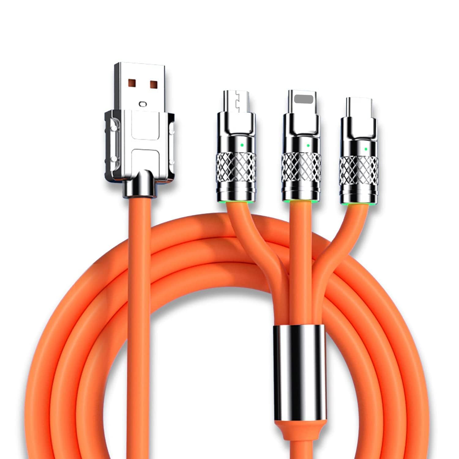 Flaretech Multi USB Cable, 3 in 1 Charging Cable 6A/120W Zinc Alloy Fast Charge, Thicker Version Cable Compatible with Lightning/Micro/Type-C, for Huawei P60/P50/P40/P30(Orange 1.2M)