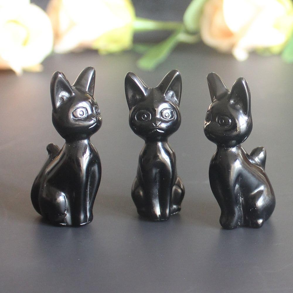 Hand Carved Gemstone Crystal Abyssinian Egyptian cat Figurine Animal Statue Carving Office Room Home Decor 2'' (Black Obsidian) - Image 3