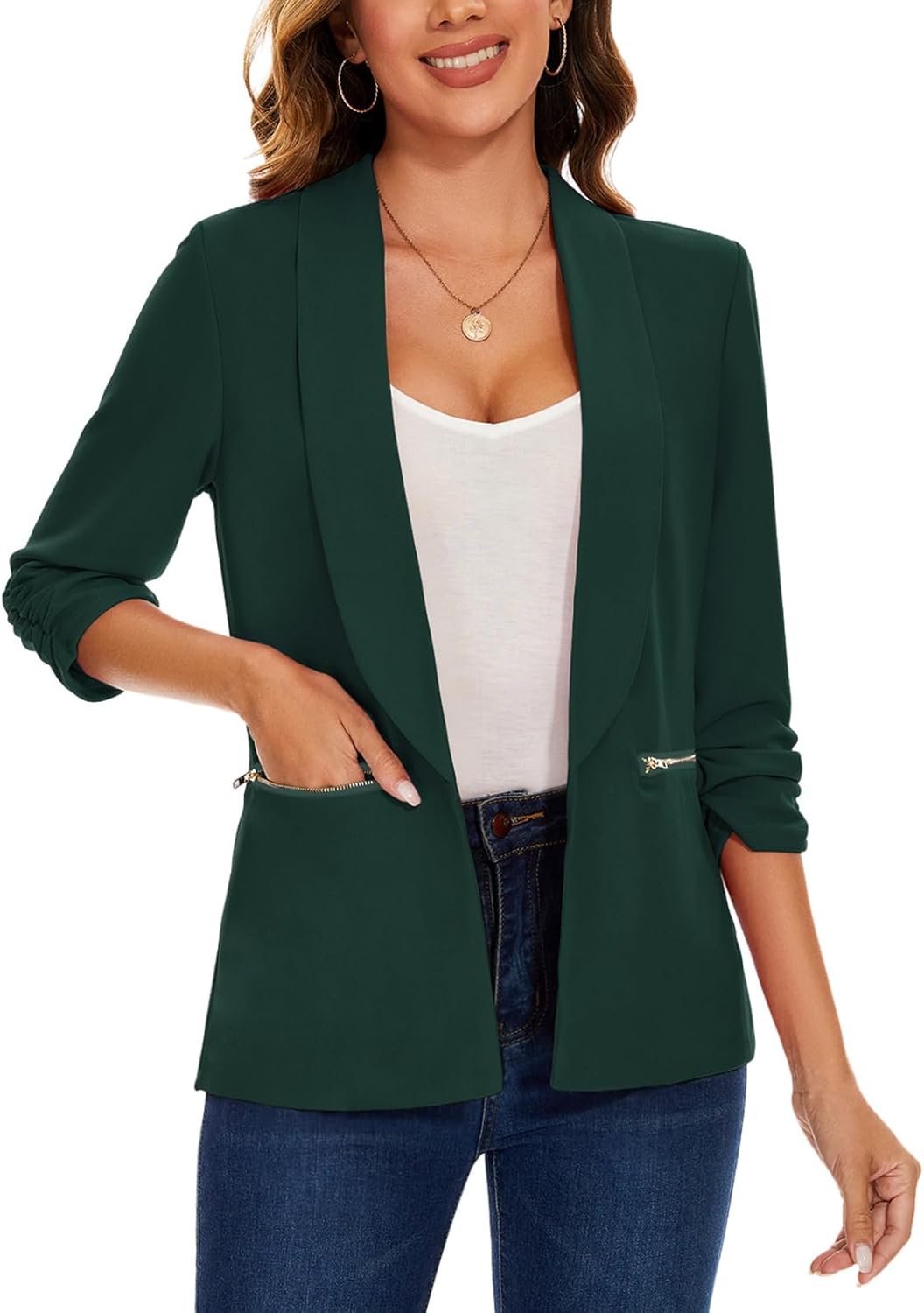 Womens Casual Blazer Ruched 3/4 Sleeve Open Front Cardigan Work Office Blazers Suit Jacket with Zipper Pocket