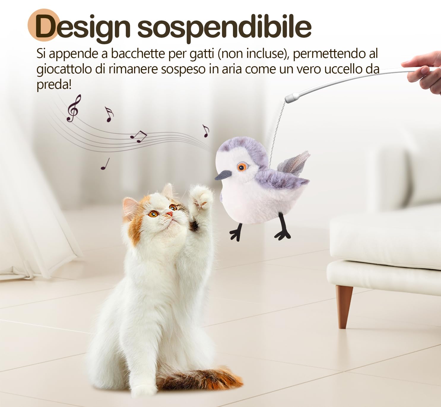 Migipaws Uccello che sbatte, cinguettio realistico del piovanello, gioco per gatti attivabile al tatto, giocattolo interattivo per gatti di tutte le razze, giocattoli con erba gatta, ricaricabile