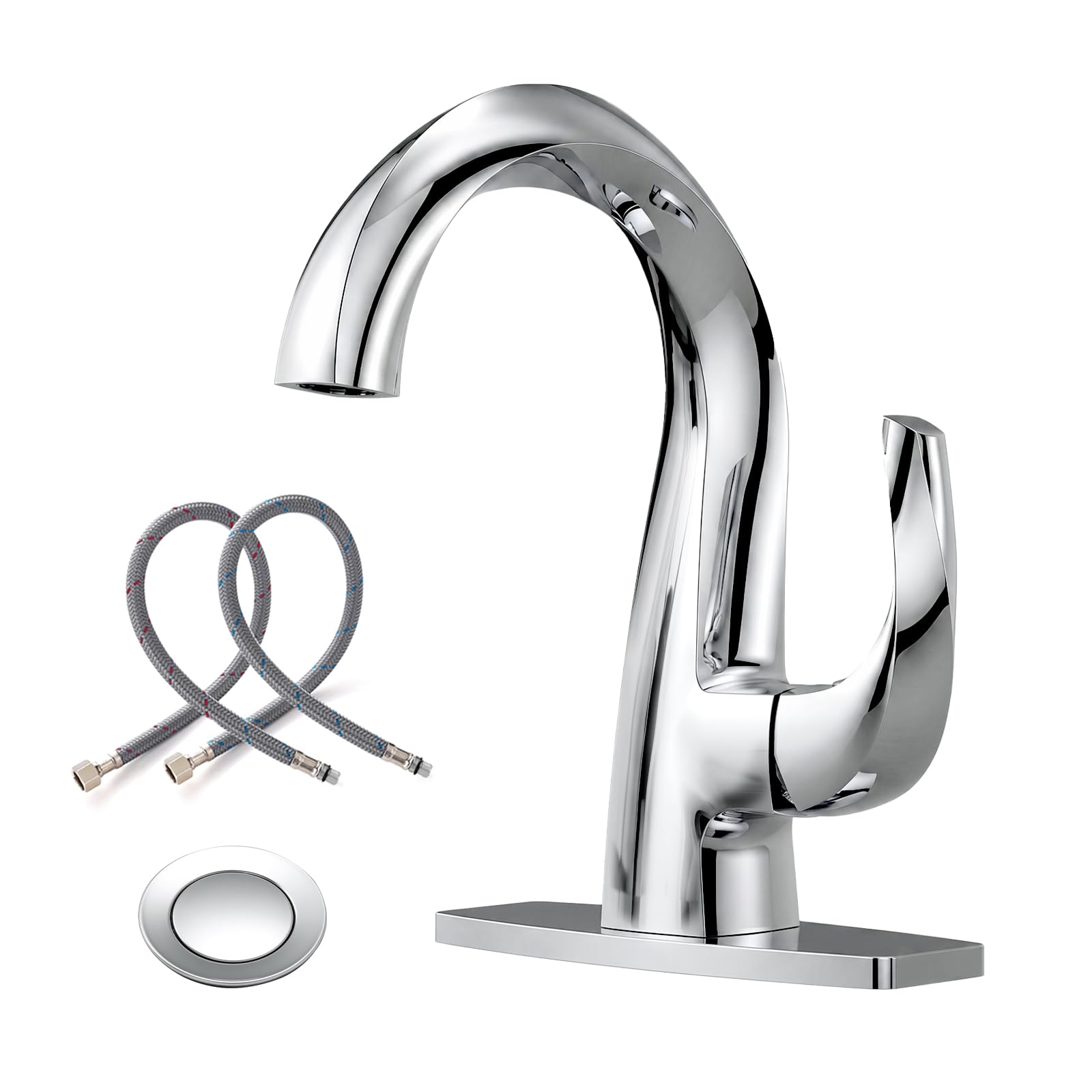 Jnfidosr Chrome Single Handle Bathroom Faucet 1 Hole High Arc Bathroom Basin Faucet With Pop Up Drain, Solid Brass Commercial Bathroom Sink Faucet Basin Vanity Sink (Patented Product)