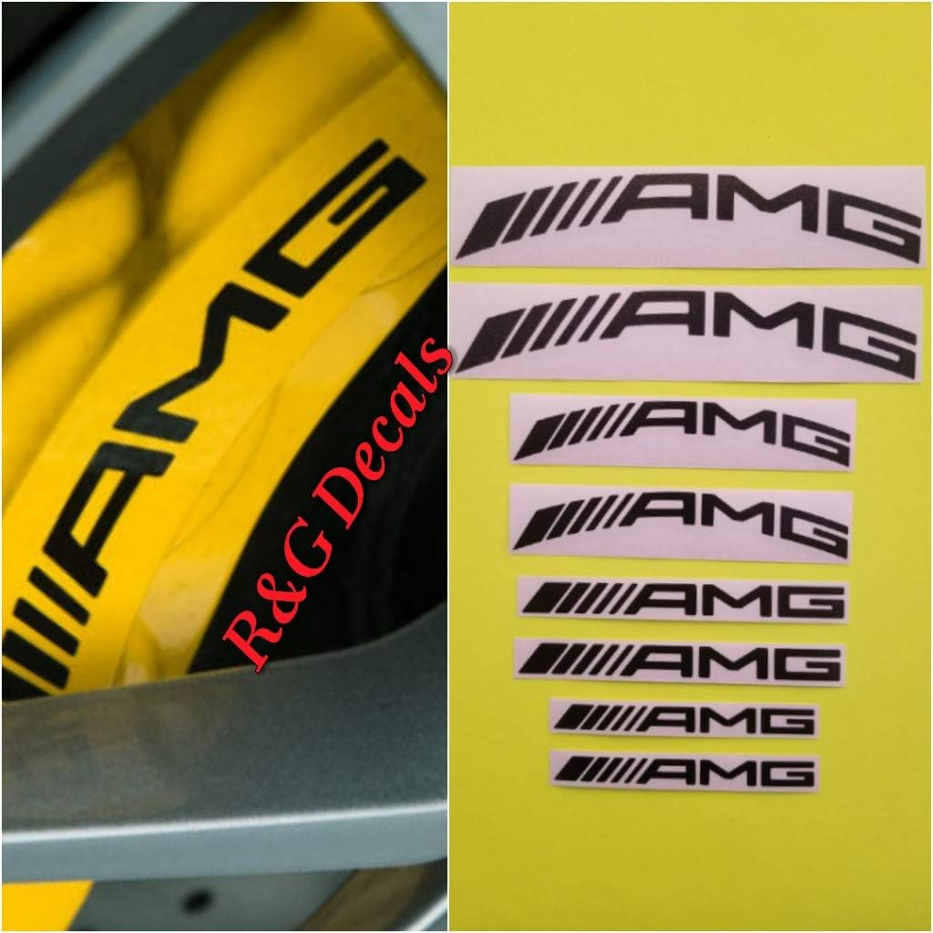 R&G AMG HIGH Temp Combo Decals Curve & Straight Brake Caliper Stickers Set of 8 Decals + Instructions & Decal Surface Preparation Solution (Black 4 Different Sizes)