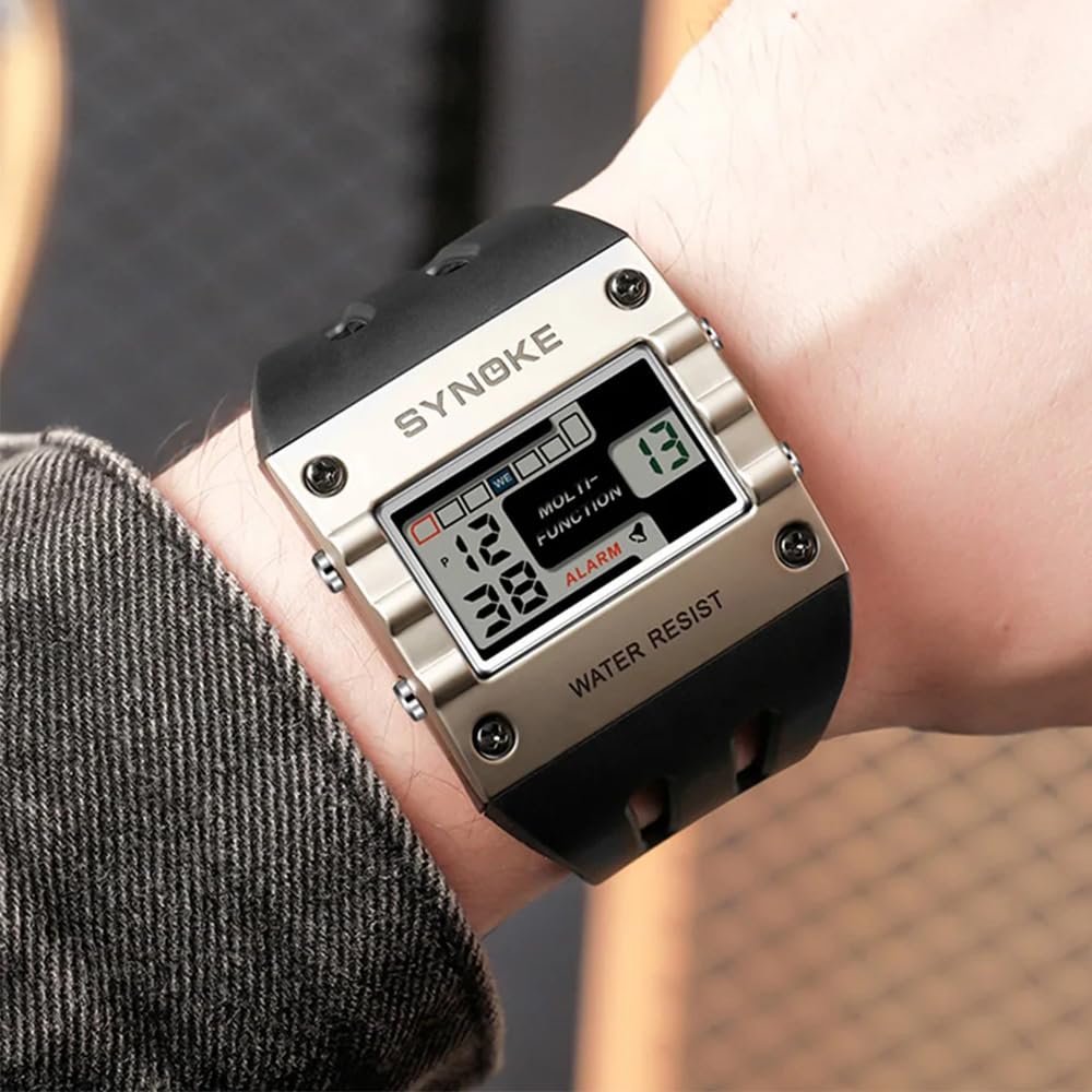 Orologio da polso da uomo, stile retrò, sportivo, digitale, multifunzione, con quadrante grande, rettangolare, retroilluminato, cinturino in poliuretano, cronometro, sveglia, data, stile casual
