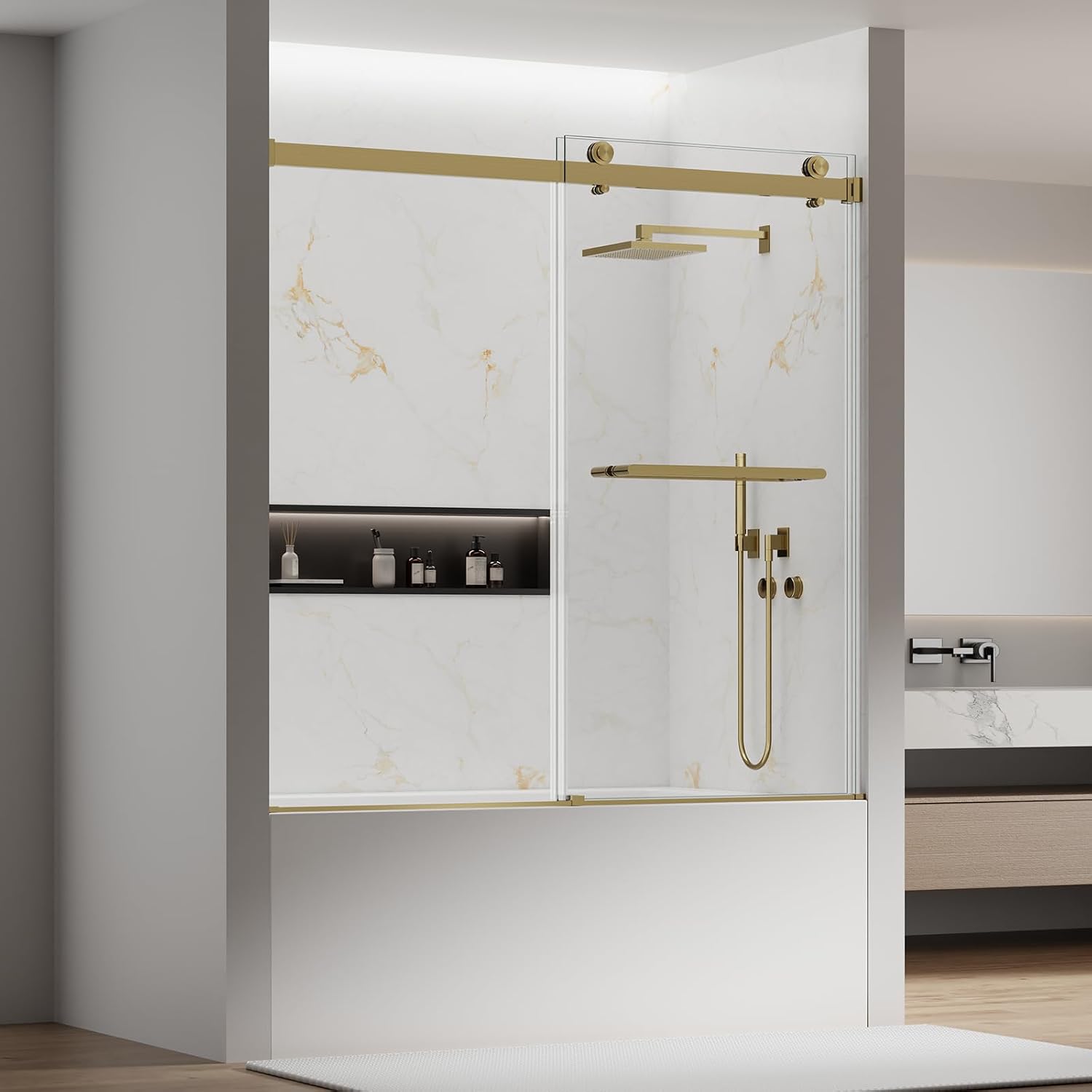 56-60" W x 60" H Double Sliding Bathtub Shower Door, 5/16" (8mm) Tempered Glass Frameless Shower Glass Door, Double Nano Coating, Pull Towel Rack (Brushed Gold)