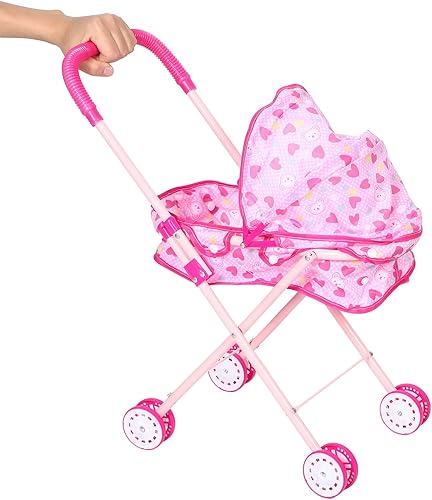 Miniatura 3 de BESPORTBLE Cochecito de muñeca plegable con mango de empuje ajustable, marco de hierro realista, cochecito de muñeca para juegos de simulación, apto
