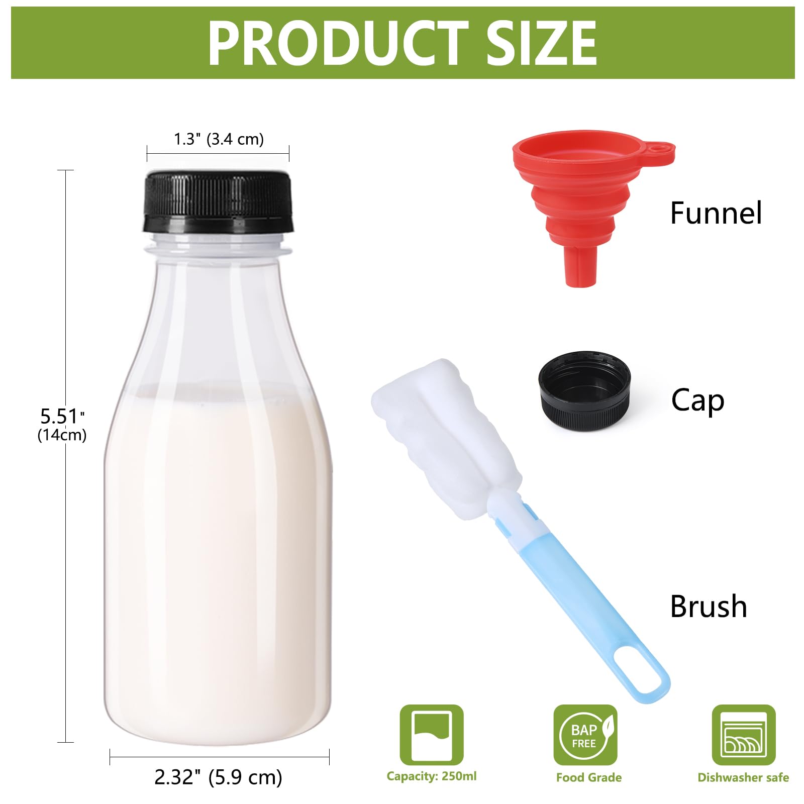ZMCYN 12 Pack 250ml Plastic Milk Bottles with Lids (Dishwasher Safe), PP Heat Resistant Mini Juice Bottle - Image 2