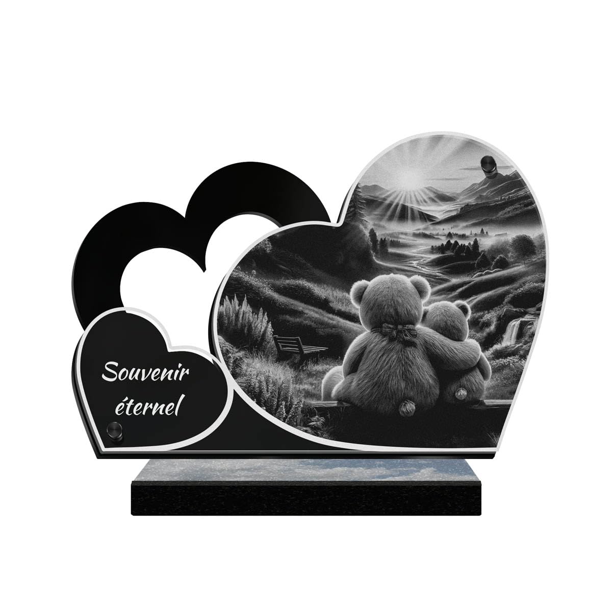 Eternel - Plaque Funéraire Personnalisée Double Cœur - Oursons, Enfant, Bébé, Peluche - Texte Personnalisable, Plaque Funéraire Gravée au Laser pour Hommage, Plaque Tombale, Cimetière, Deuil Cérémonie