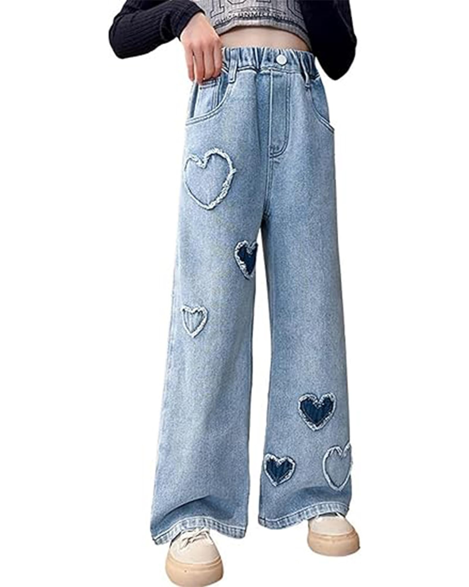 Betusline Baggy-Jeans für Mädchen, elastische Taille, lässig, weites Bein, Denim-Hose, 6–14 Jahre