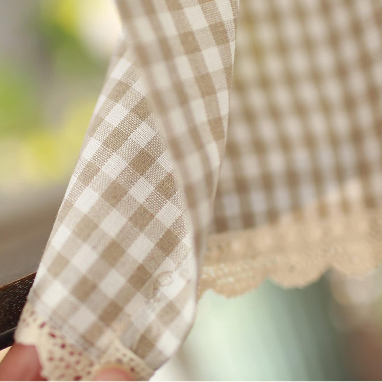 A.Monamour Short Curtain Opaque Cotton Linen Khaki Check Plaid Gingham with Lace Window Treatment Valance Panel Drapes Half Curtain for Kitchen Café Bedroom Cabinet Curtain Door Curtain