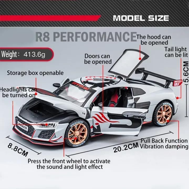Image of Model 1:24 Audi R8 MTM Model Alloy Metal Pull Back Die-cast Car Openable Doors with Sound and Light Vehicle Car Toy for Kids - Multicolor