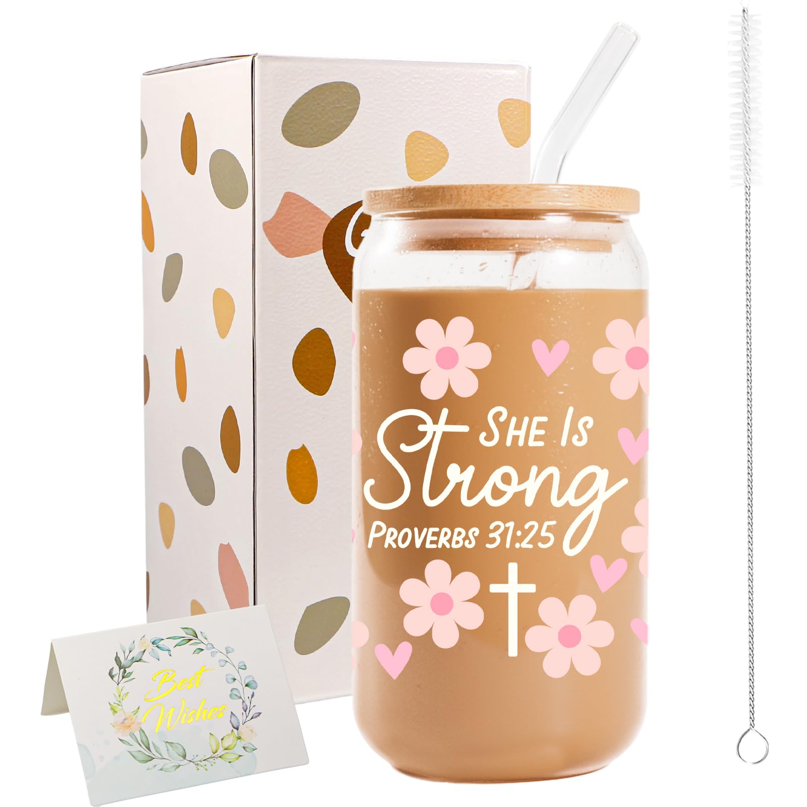 JEKUGOT Iced Coffee Glass Cup, 16 Oz Cute Coffee Cup with Lids and Straws, She is Strong Christian Glass Cups for Women and Men, Friends, Holiday Gifts, Christian Themes