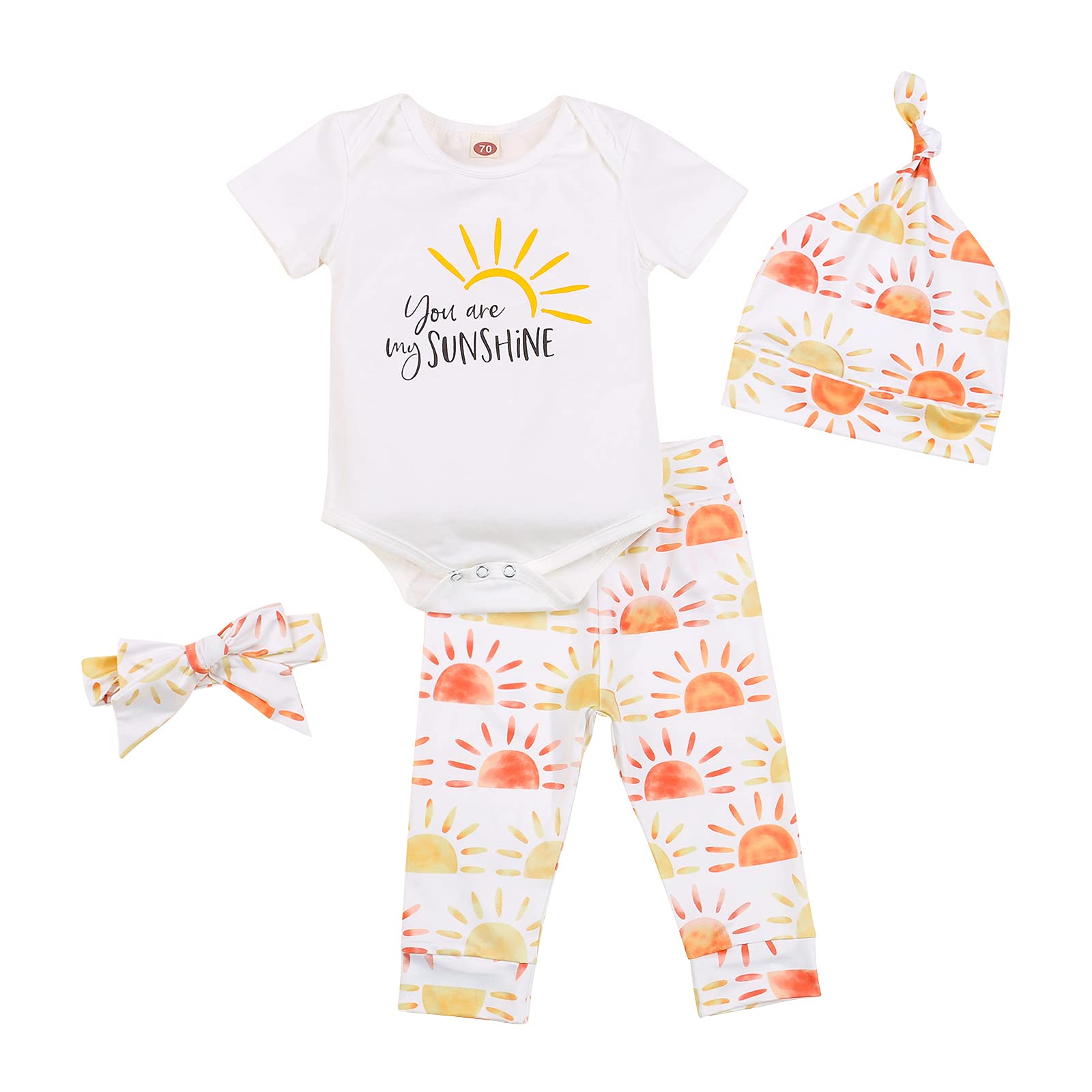 Newborn Baby Boy Girl Summer Clothes Short Sleeve Cartoon Print Romper Top Pants Headband Hat 4Pcs Outfit (0-3 Months,White Sunshine)