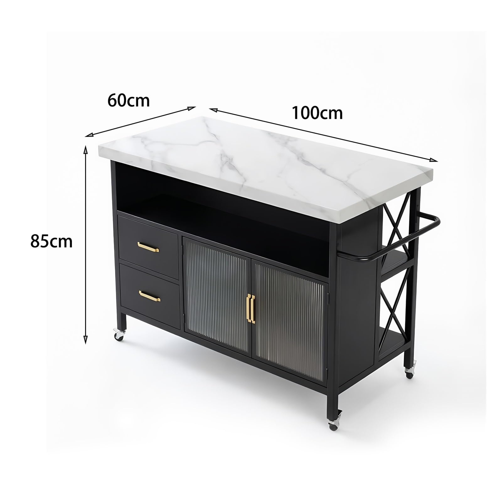Carrello da cucina Carrello portaoggetti mobile in metallo con isola da cucina con piano in pietra e armadietto con cassetti(White,M)