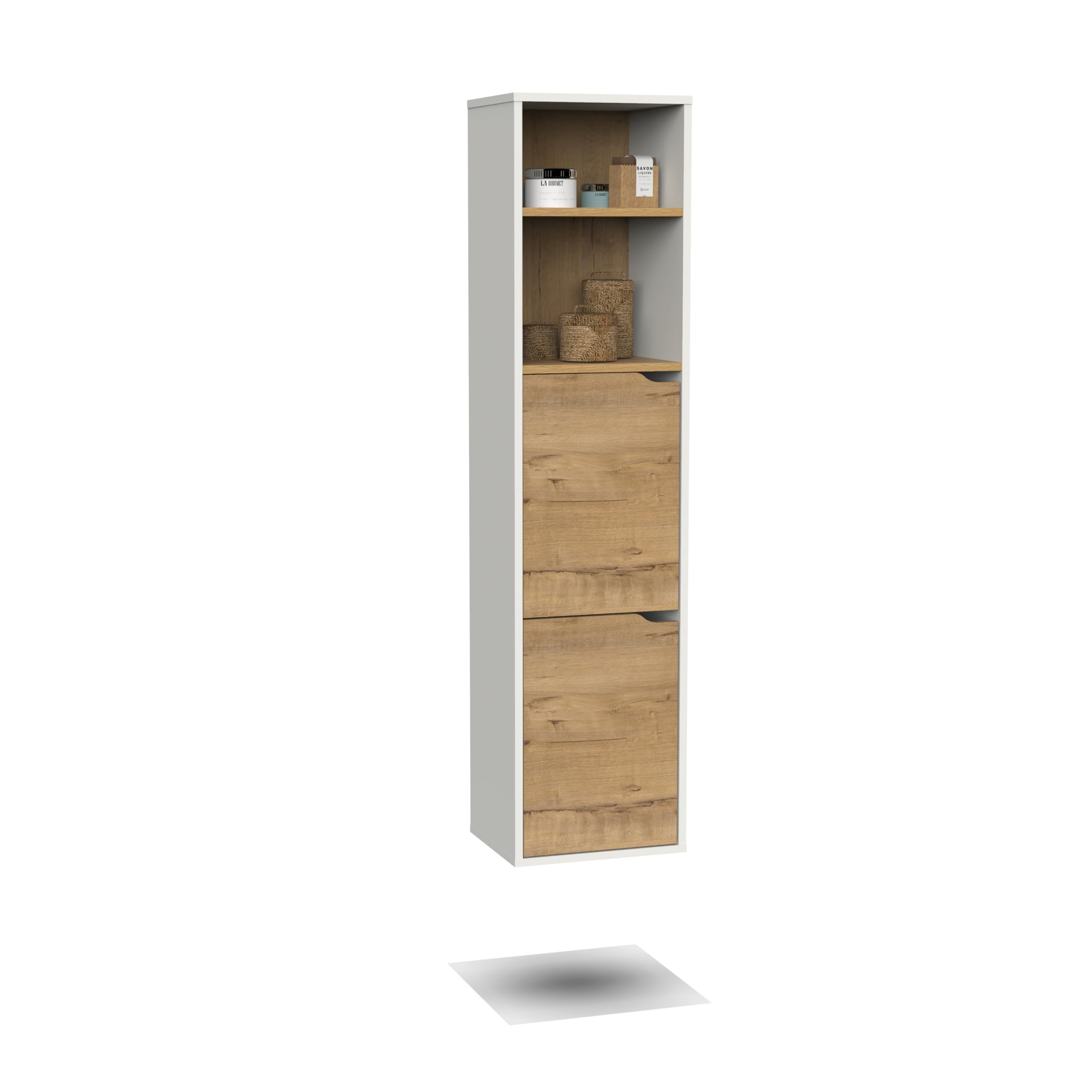 MUEBLES PITARCH Colonna da bagno sospesa Hardware inclusi, Armadio da bagno con 4 ripiani, 2 porte, bianco/rovere oro, 150 x 36,5 x 30 cm (altezza x larghezza x profondità), mobile ausiliario, moderno